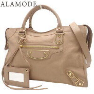 BALENCIAGA Metallic City Handbag Shoulder Bag Beige Tan Leather
